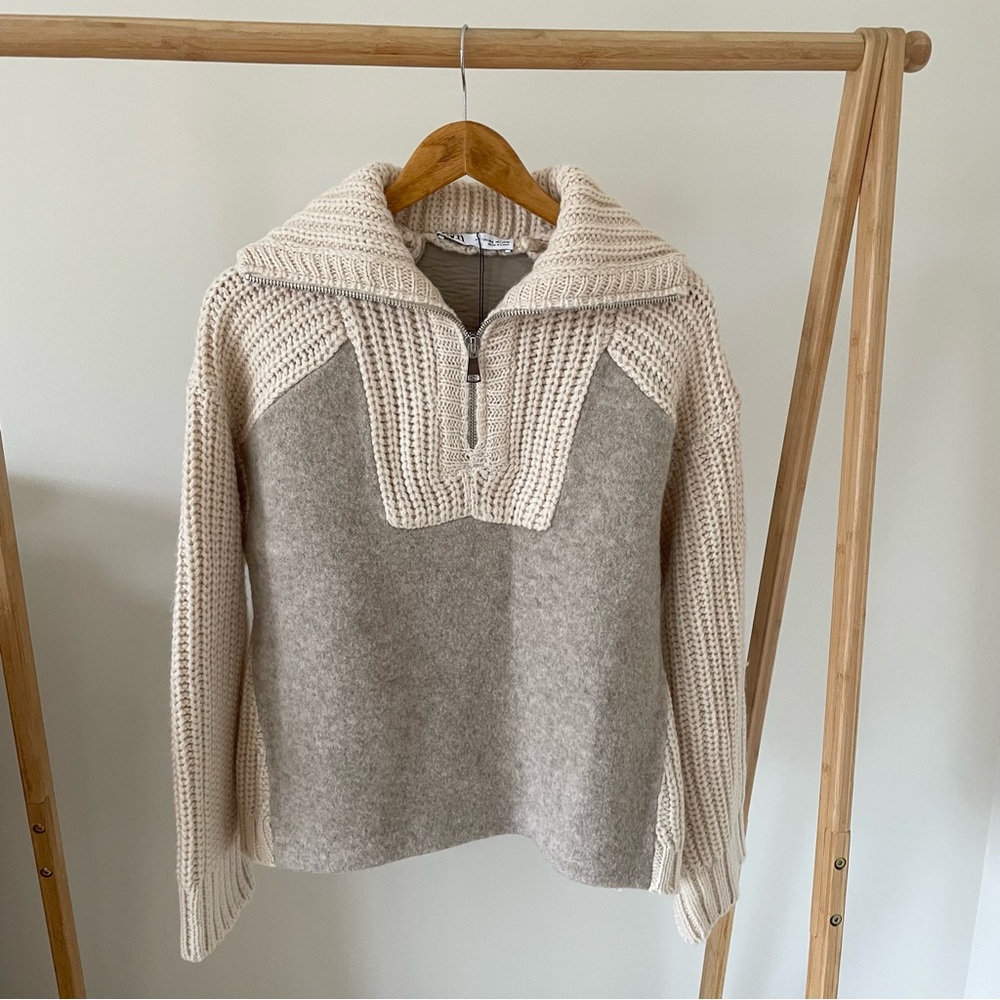 NWT Zara Chunky Collared Quarter Zip Two Tone Sweater in Beige/Cream - XS/S